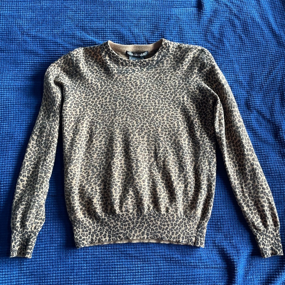 Nina Leonard Wool Cheetah Print Sweater